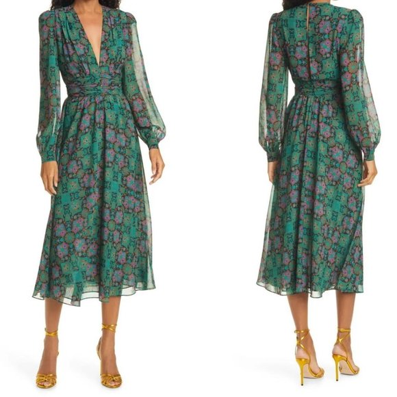 Ronny Kobo Collection Dresses & Skirts - NWT Ronny Kobo Tula Print Plunge Neck Long Sleeve Midi Dress Size Medium
